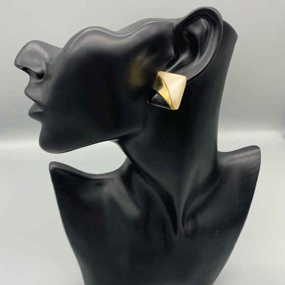 Vintage Napier Geometric Earrings 1980s Gold Tone Pearl Black Square Wave - Picture 1 of 3